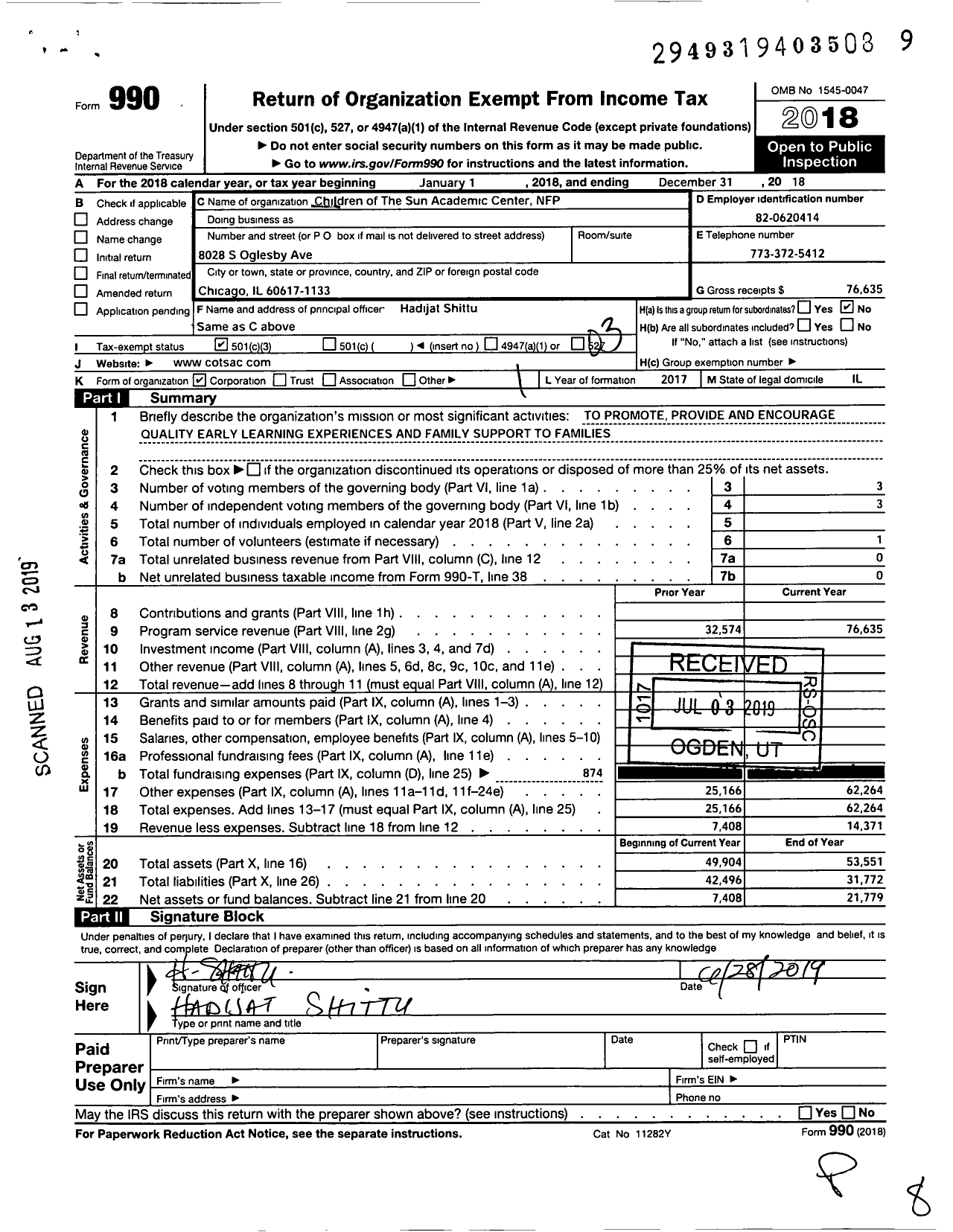 Image of first page of 2018 Form 990 for Children of the Sun Academic Center