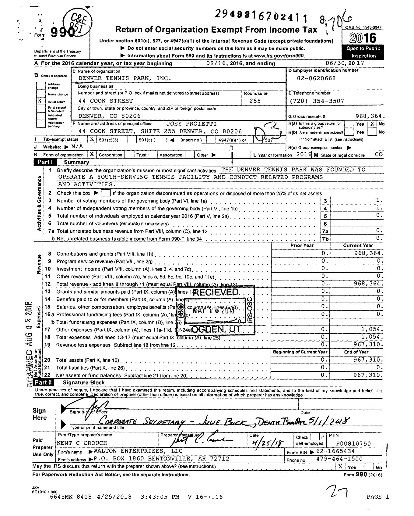 Image of first page of 2016 Form 990 for Denver Tennis Park