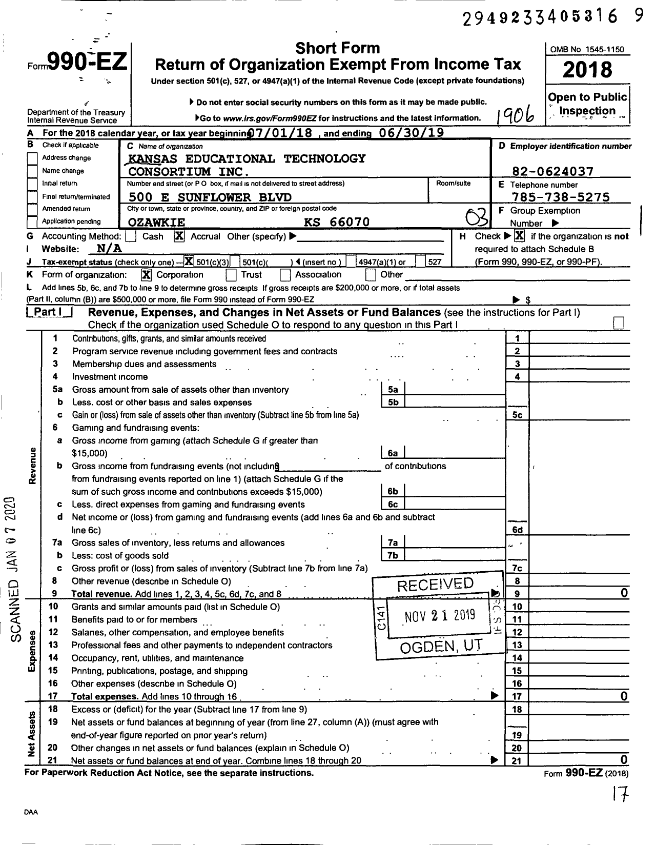 Image of first page of 2018 Form 990EZ for Kansas Educational Technology Consortium