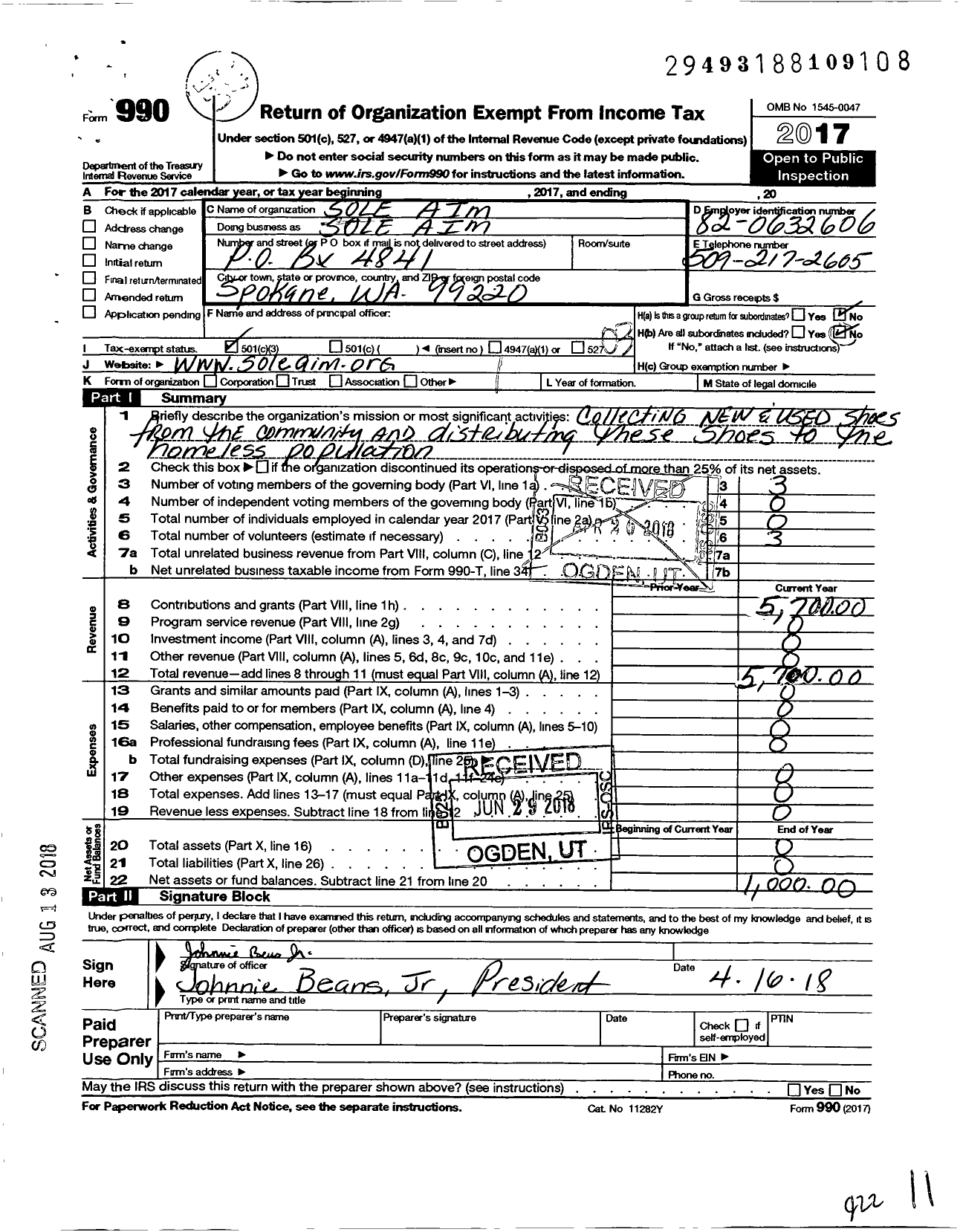 Image of first page of 2017 Form 990 for Sole Aim