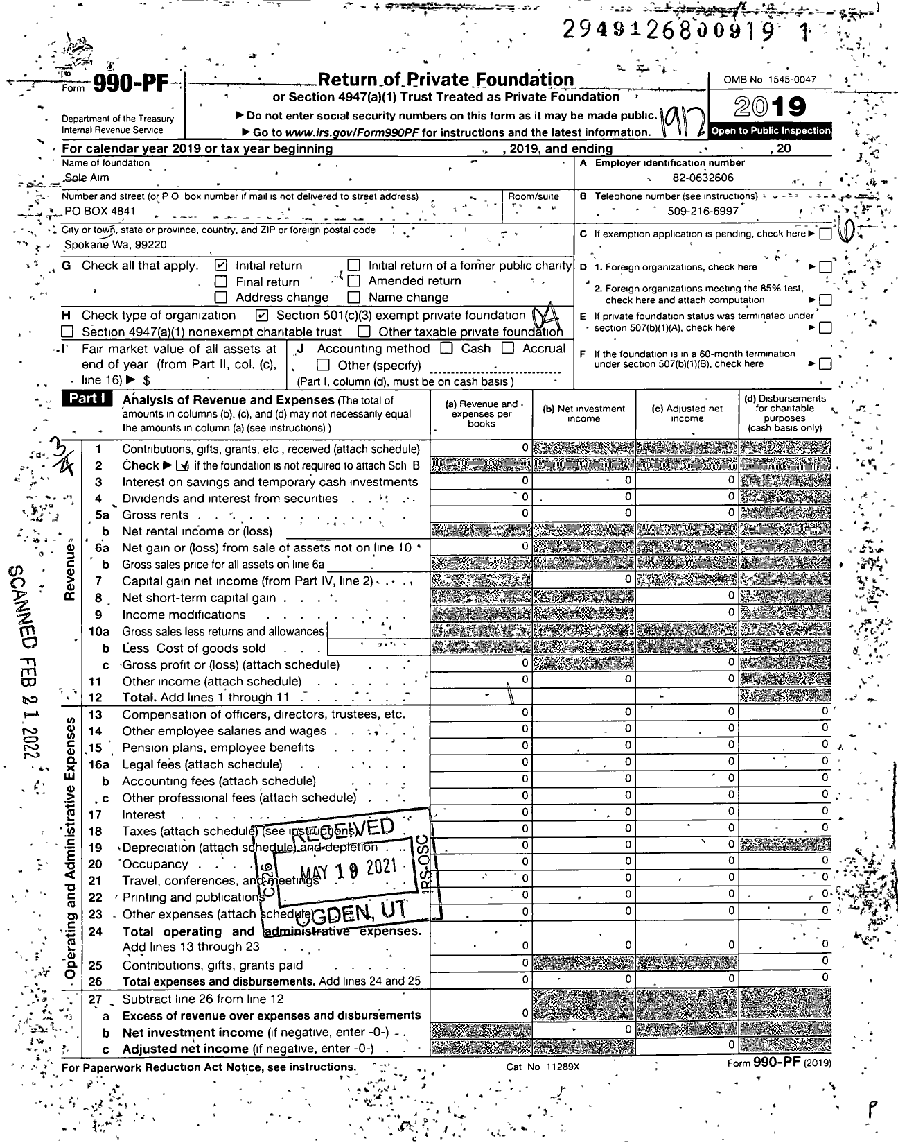 Image of first page of 2019 Form 990PF for Sole Aim