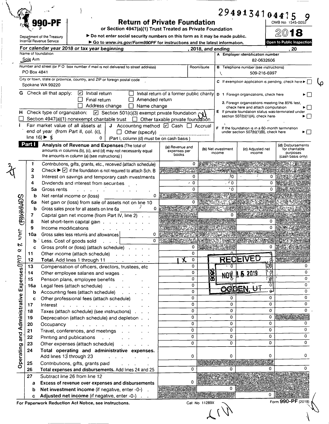 Image of first page of 2018 Form 990PF for Sole Aim