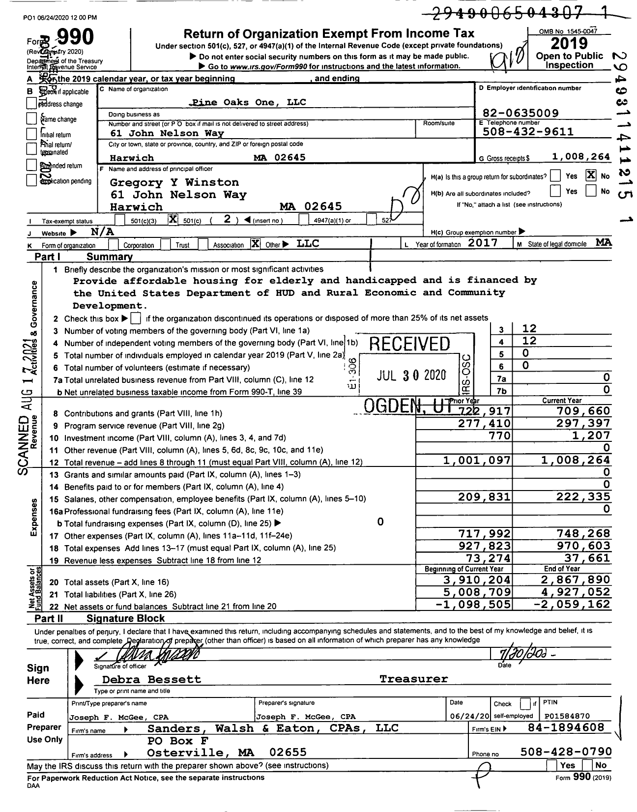 Image of first page of 2019 Form 990O for Pine Oaks One LLC