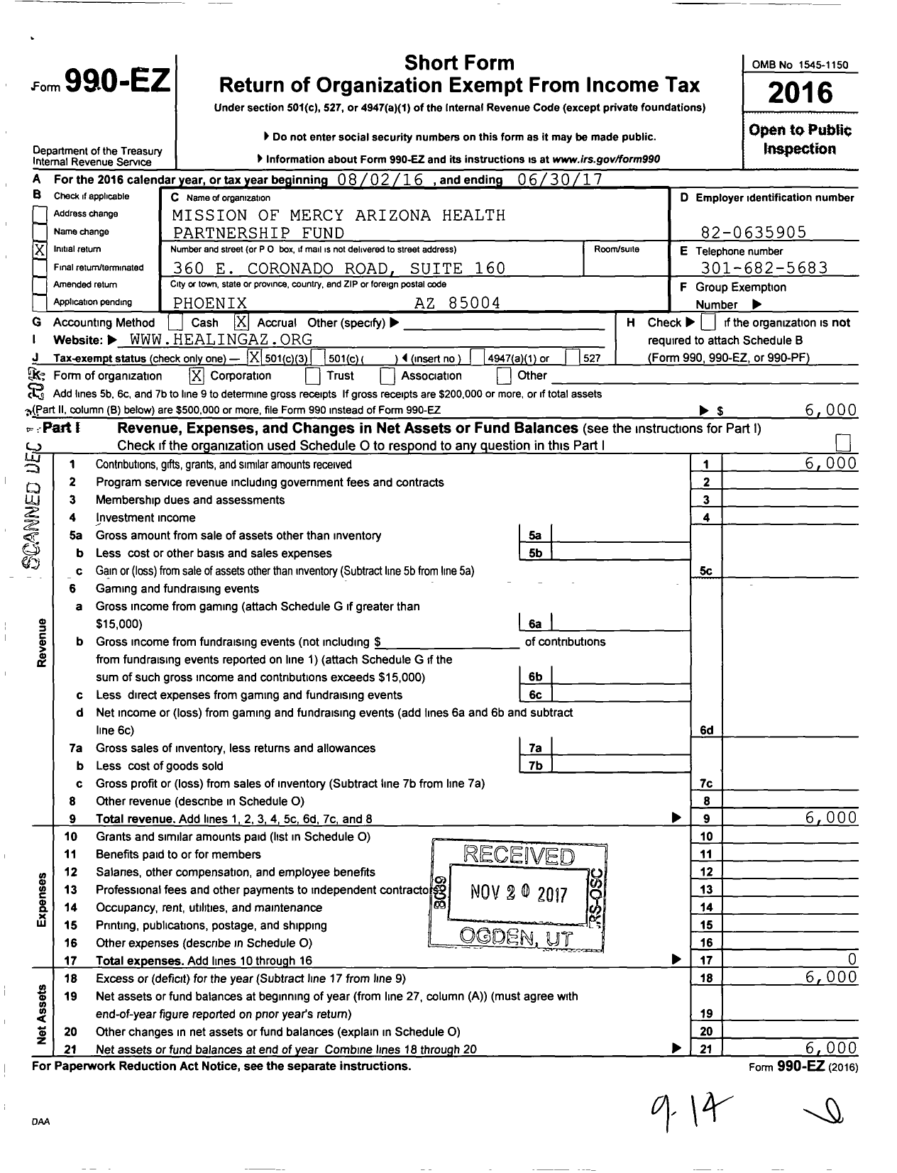 Image of first page of 2016 Form 990EZ for Mission of Mercy Arizona Health Partnership Fund