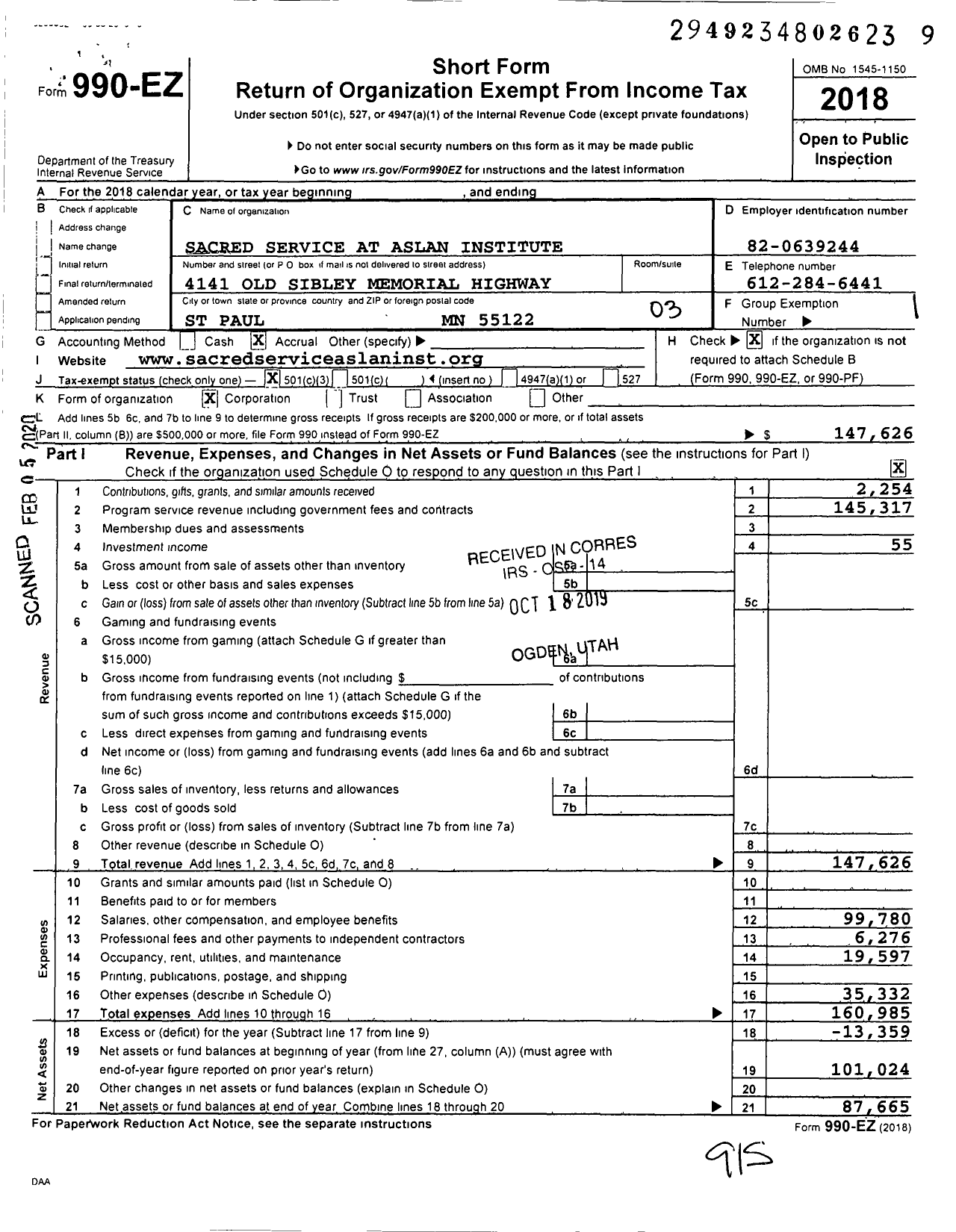 Image of first page of 2018 Form 990EZ for Sacred Service at Aslan Institute