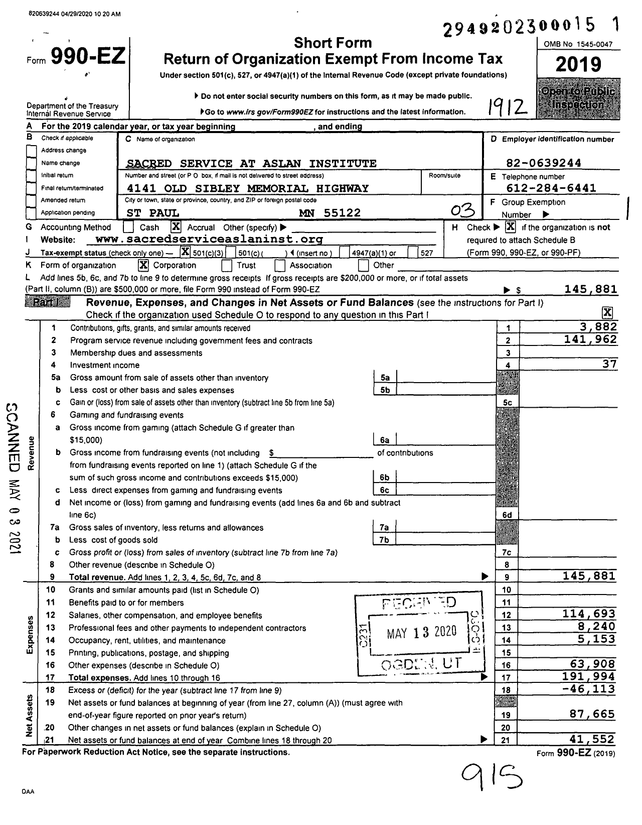 Image of first page of 2019 Form 990EZ for Sacred Service at Aslan Institute