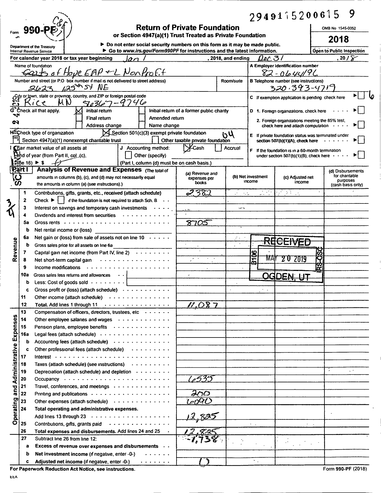 Image of first page of 2018 Form 990PF for Gaits of Hope Eap and L Nonprofit