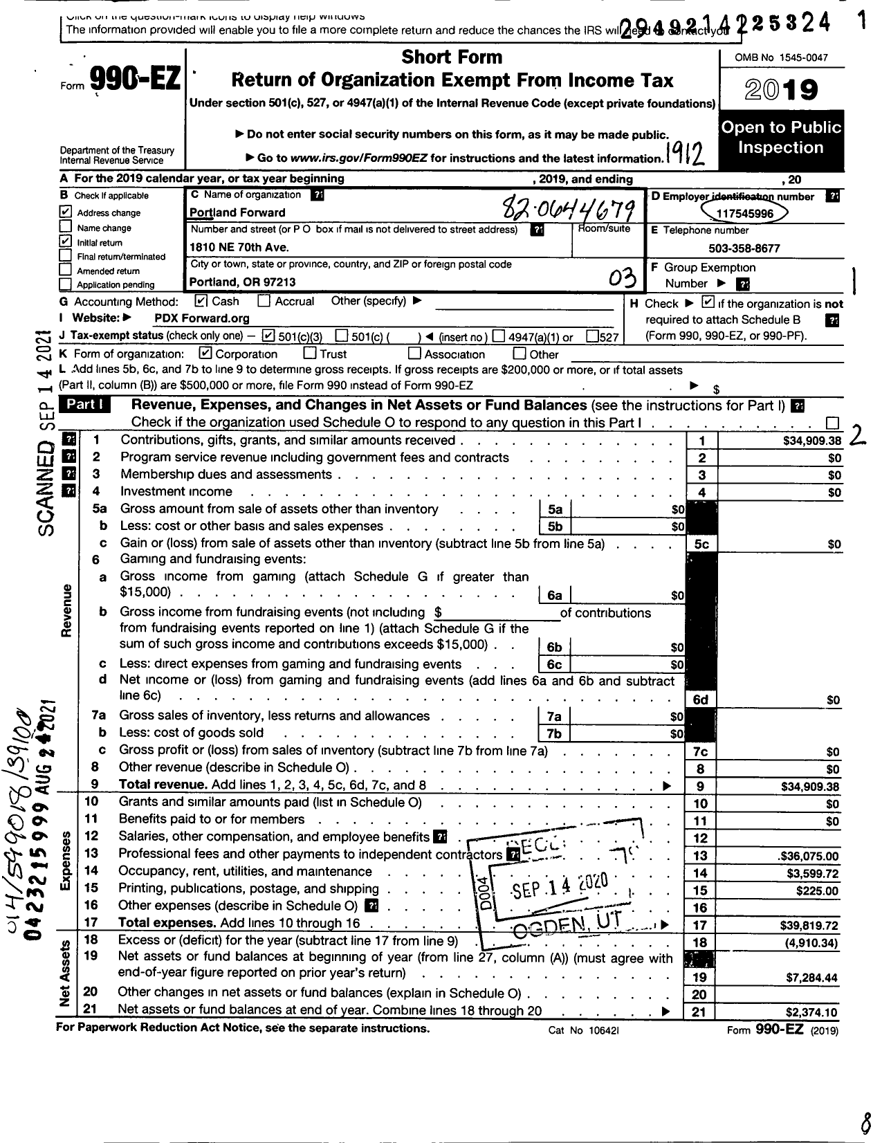 Image of first page of 2019 Form 990EZ for Portland Forward