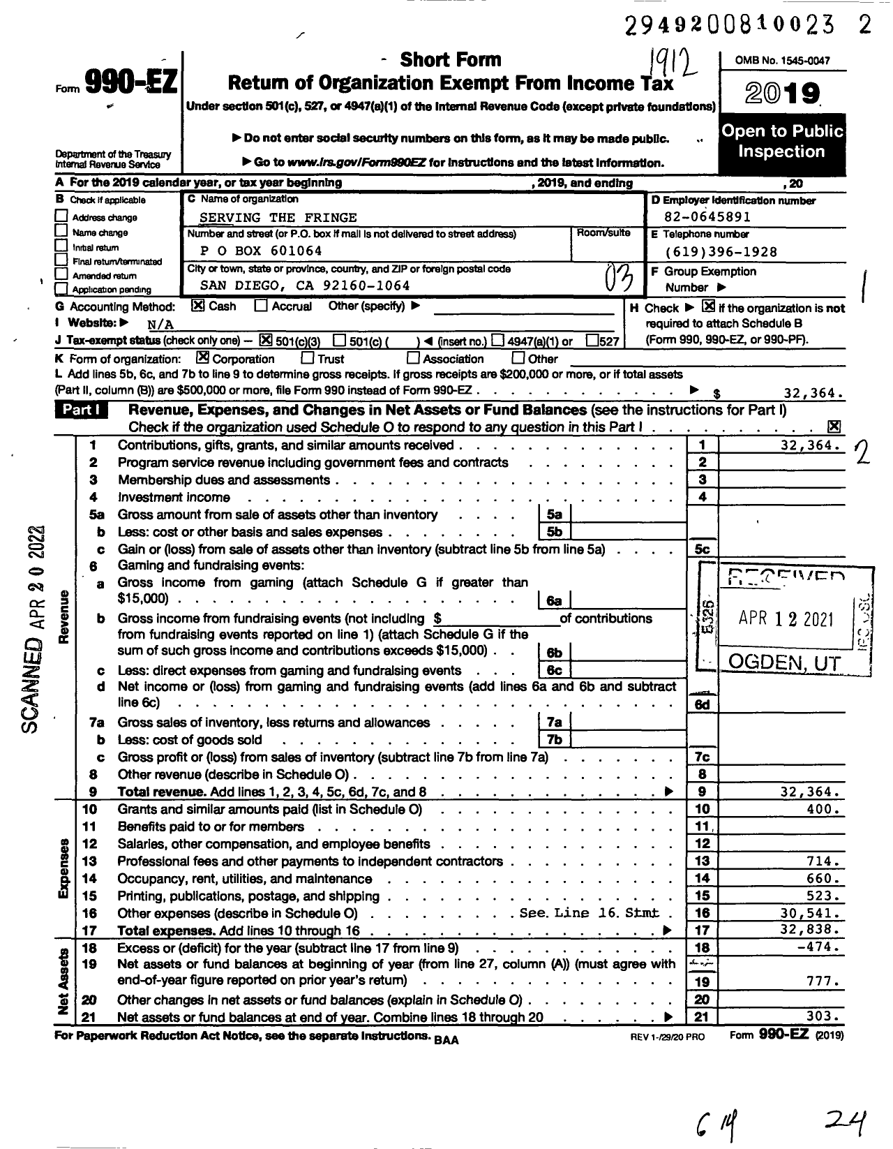 Image of first page of 2019 Form 990EZ for Serving the Fringe