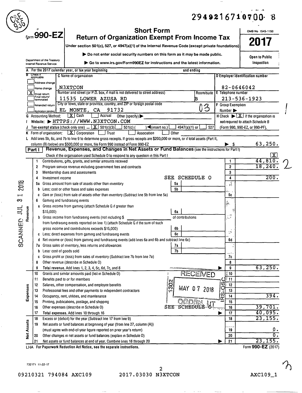 Image of first page of 2017 Form 990EZ for N3xtcon