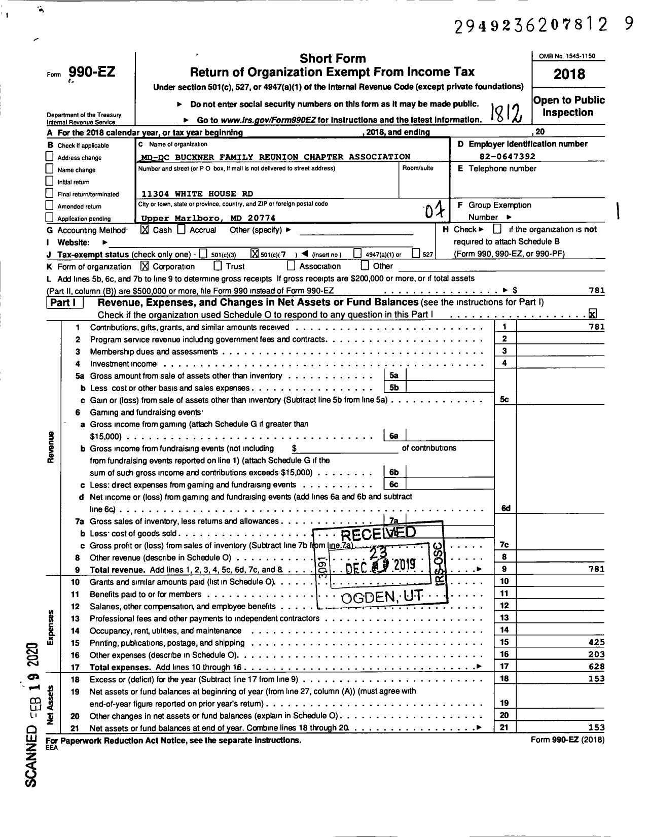 Image of first page of 2018 Form 990EO for Md-DC BUCKNER FAMILY REUNION CHAPTER ASSOCIATION