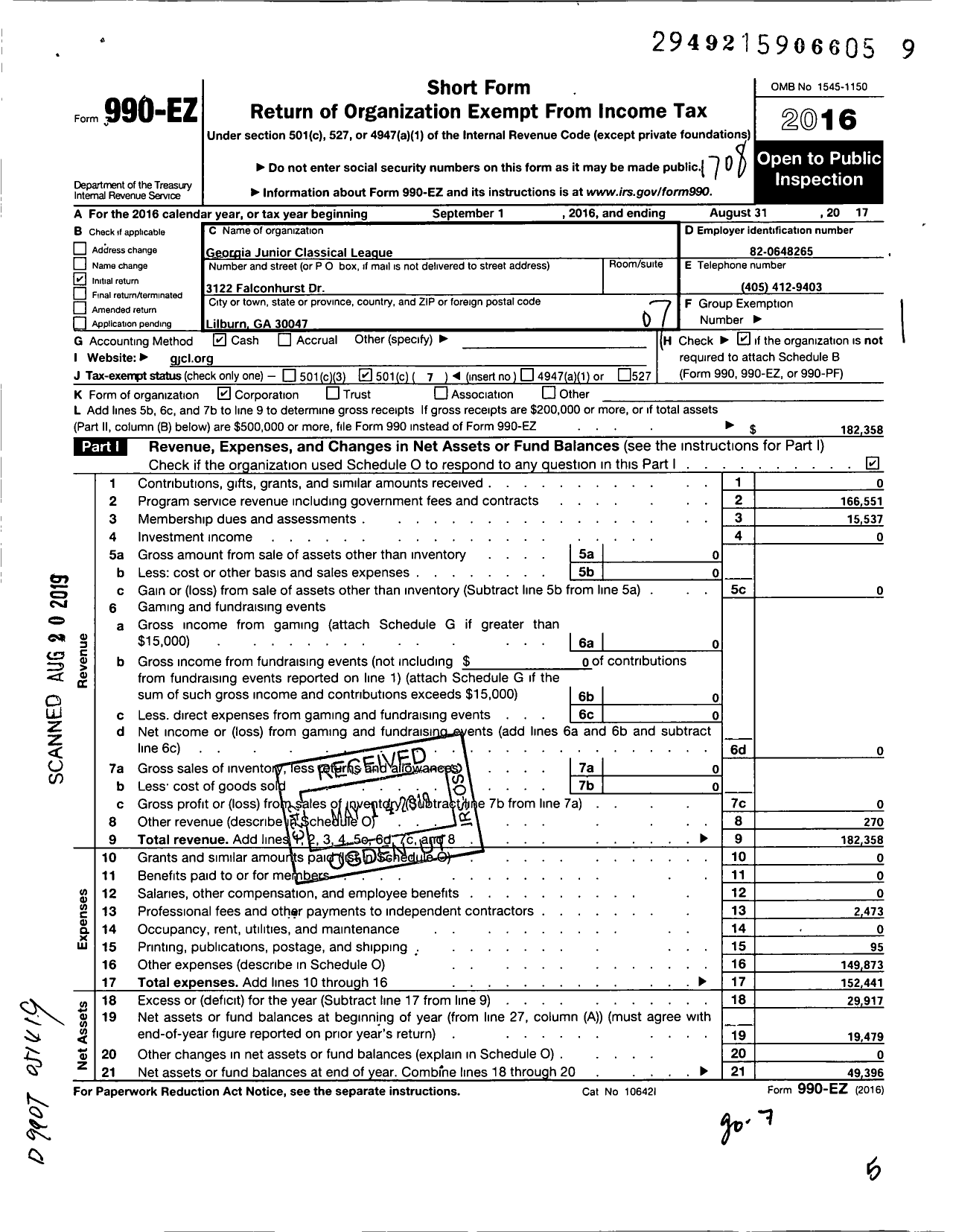 Image of first page of 2016 Form 990EO for Georgia Junior Classical League