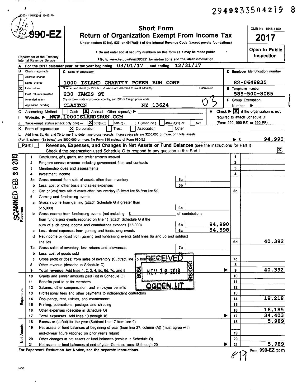 Image of first page of 2017 Form 990EZ for 1000 Island Charity Poker Run Corporation