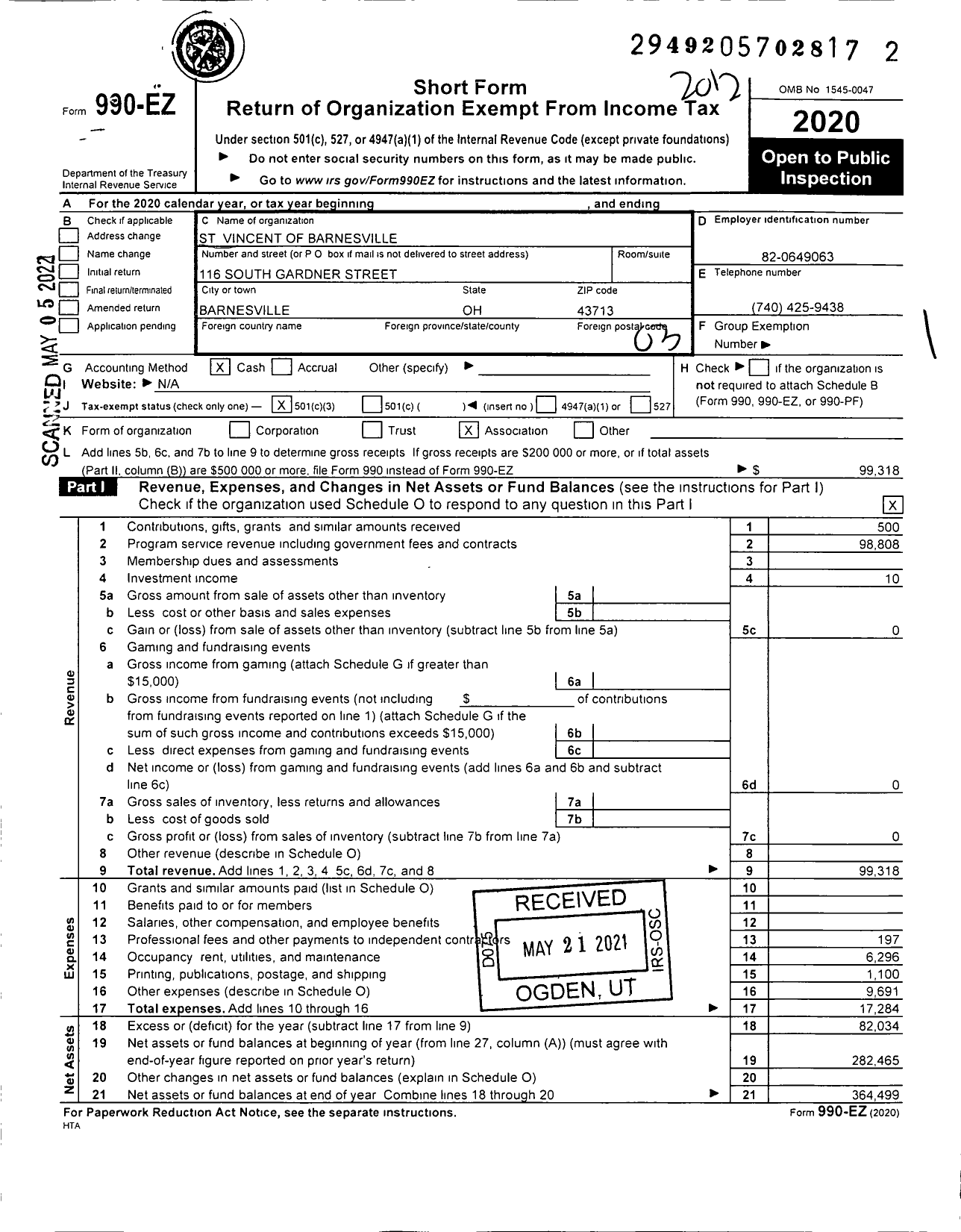 Image of first page of 2020 Form 990EZ for St Vincent of Barnesville