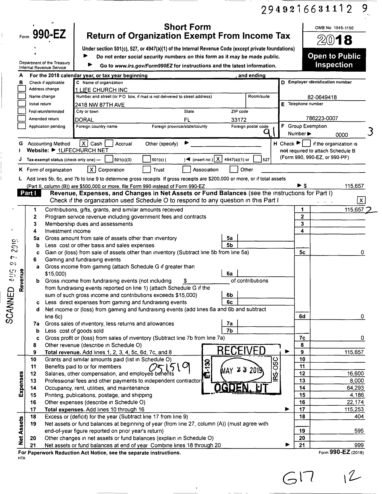 Image of first page of 2018 Form 990EO for 1 Life Church