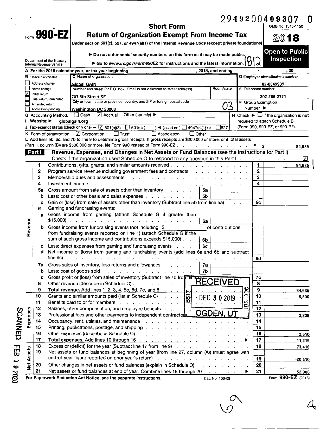 Image of first page of 2018 Form 990EZ for Global Gain