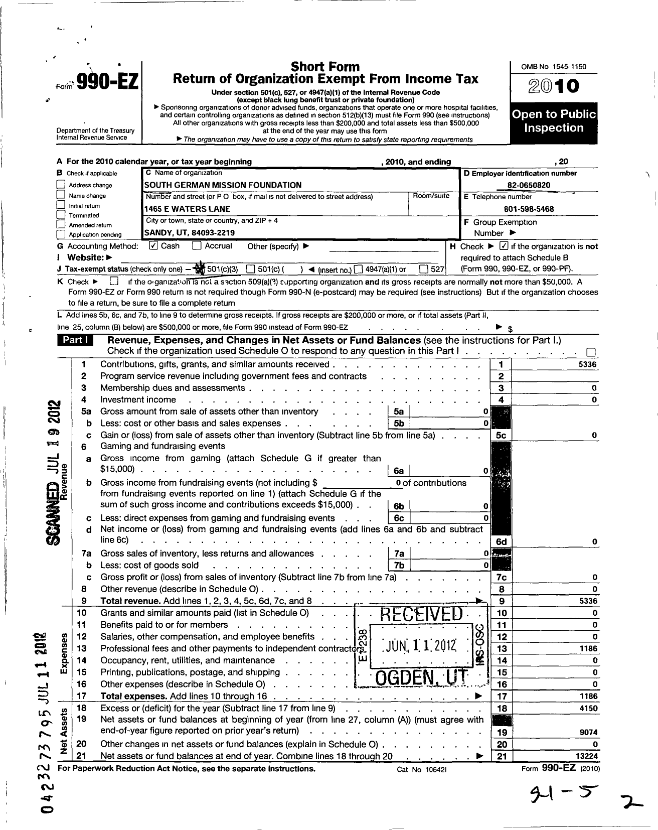 Image of first page of 2010 Form 990EZ for South German Mission Foundation