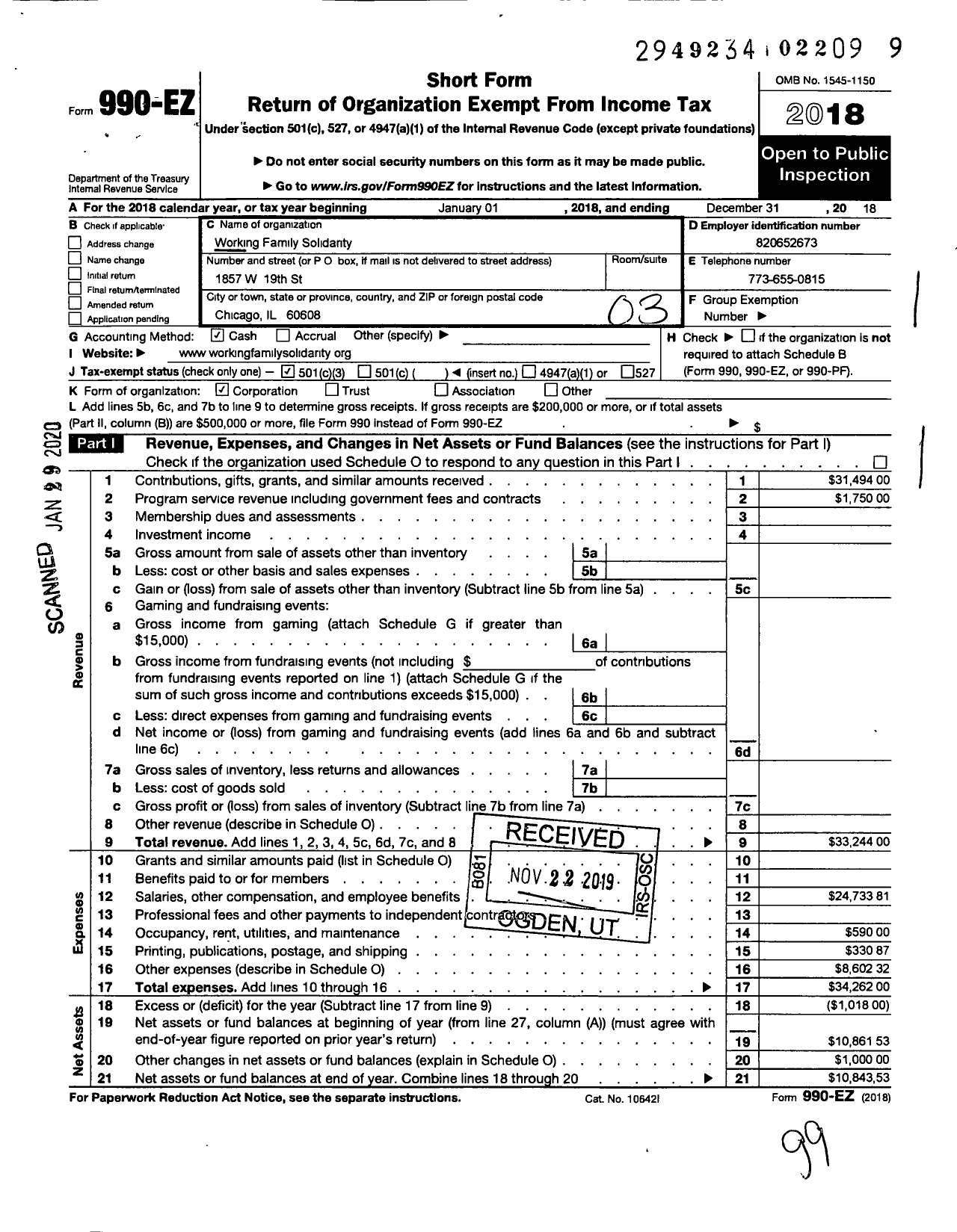 Image of first page of 2018 Form 990EZ for Working Family Solidarity