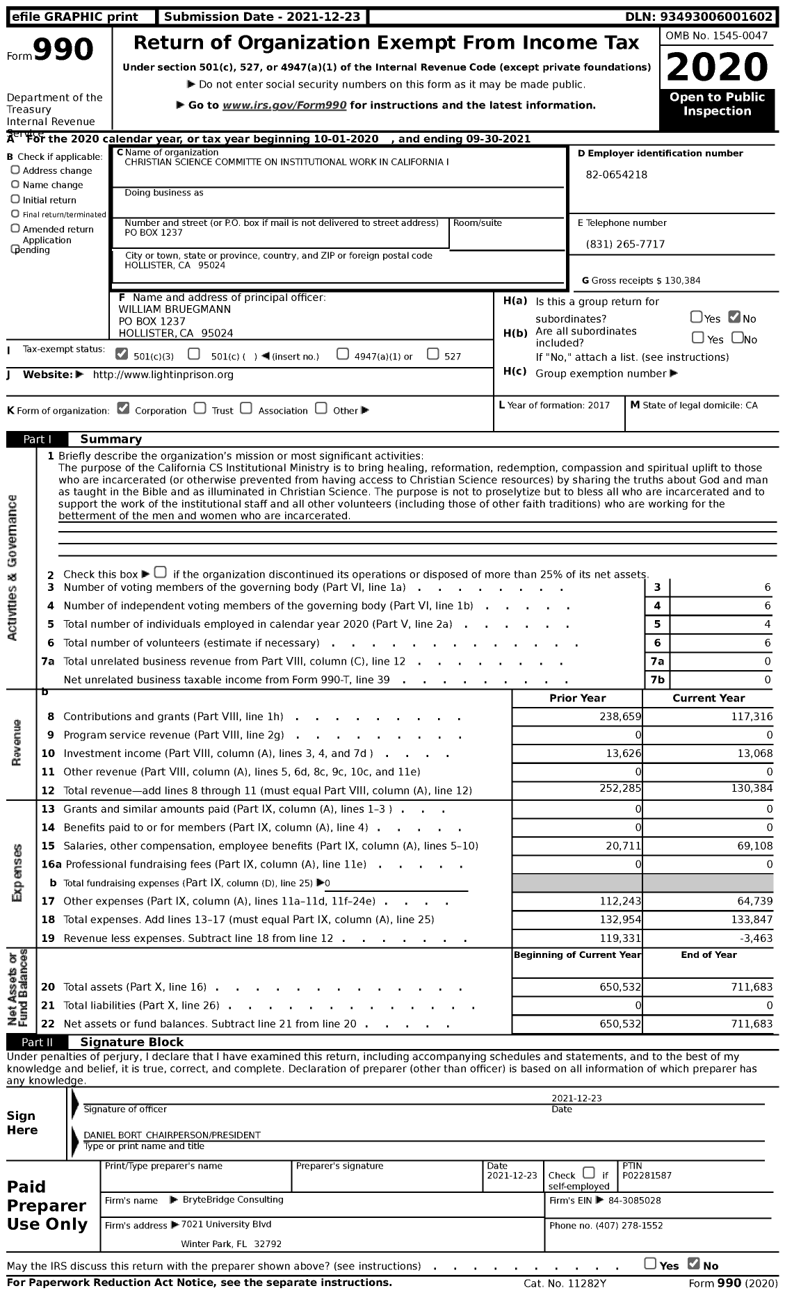 Image of first page of 2020 Form 990 for Christian Science Committee on Institutional Work in California