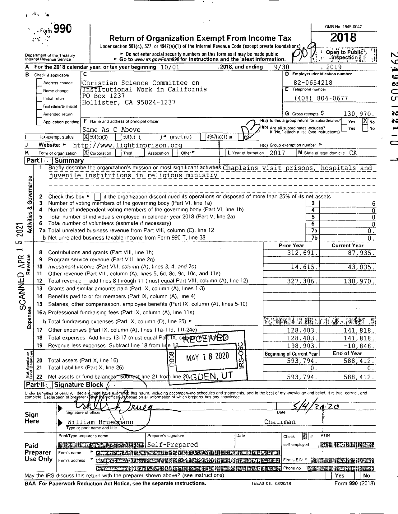 Image of first page of 2018 Form 990 for Christian Science Committee on Institutional Work in California