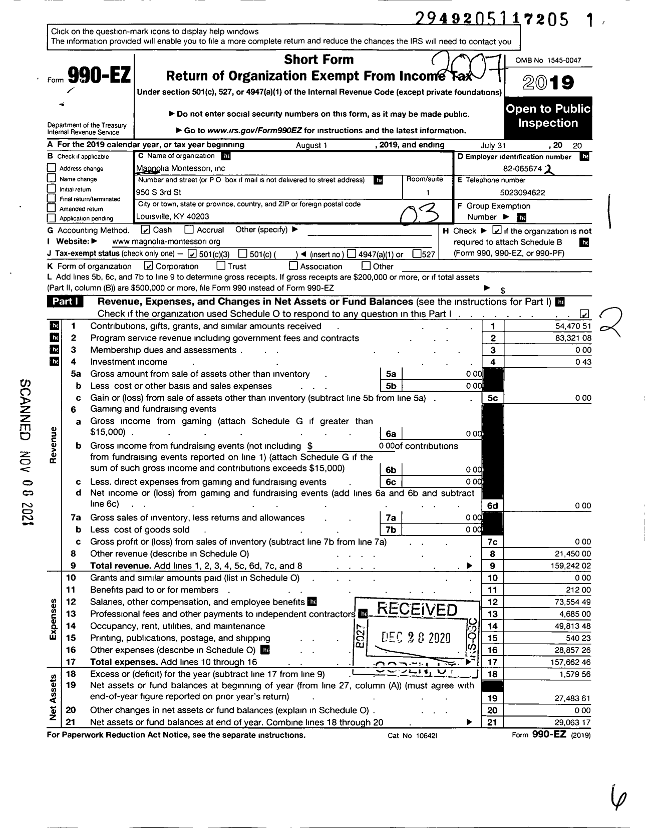 Image of first page of 2019 Form 990EZ for Magnolia Montessori
