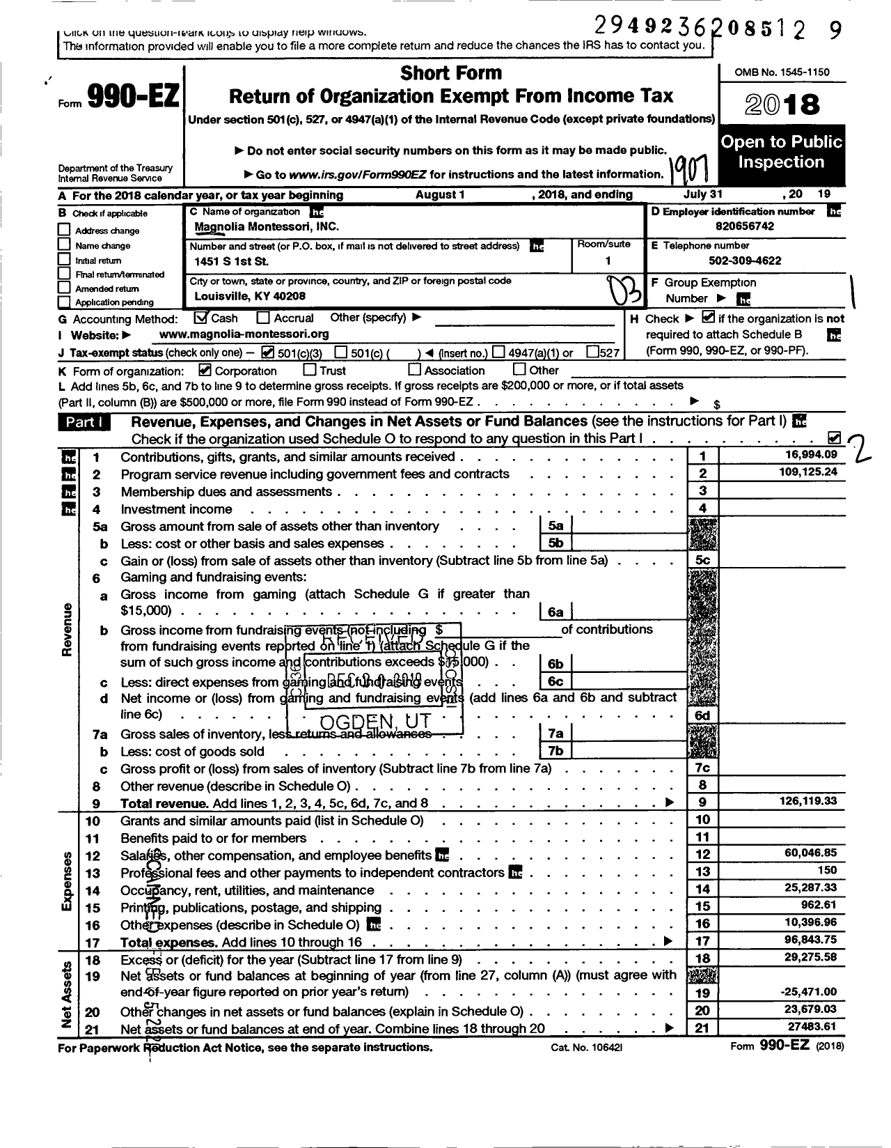 Image of first page of 2018 Form 990EZ for Magnolia Montessori