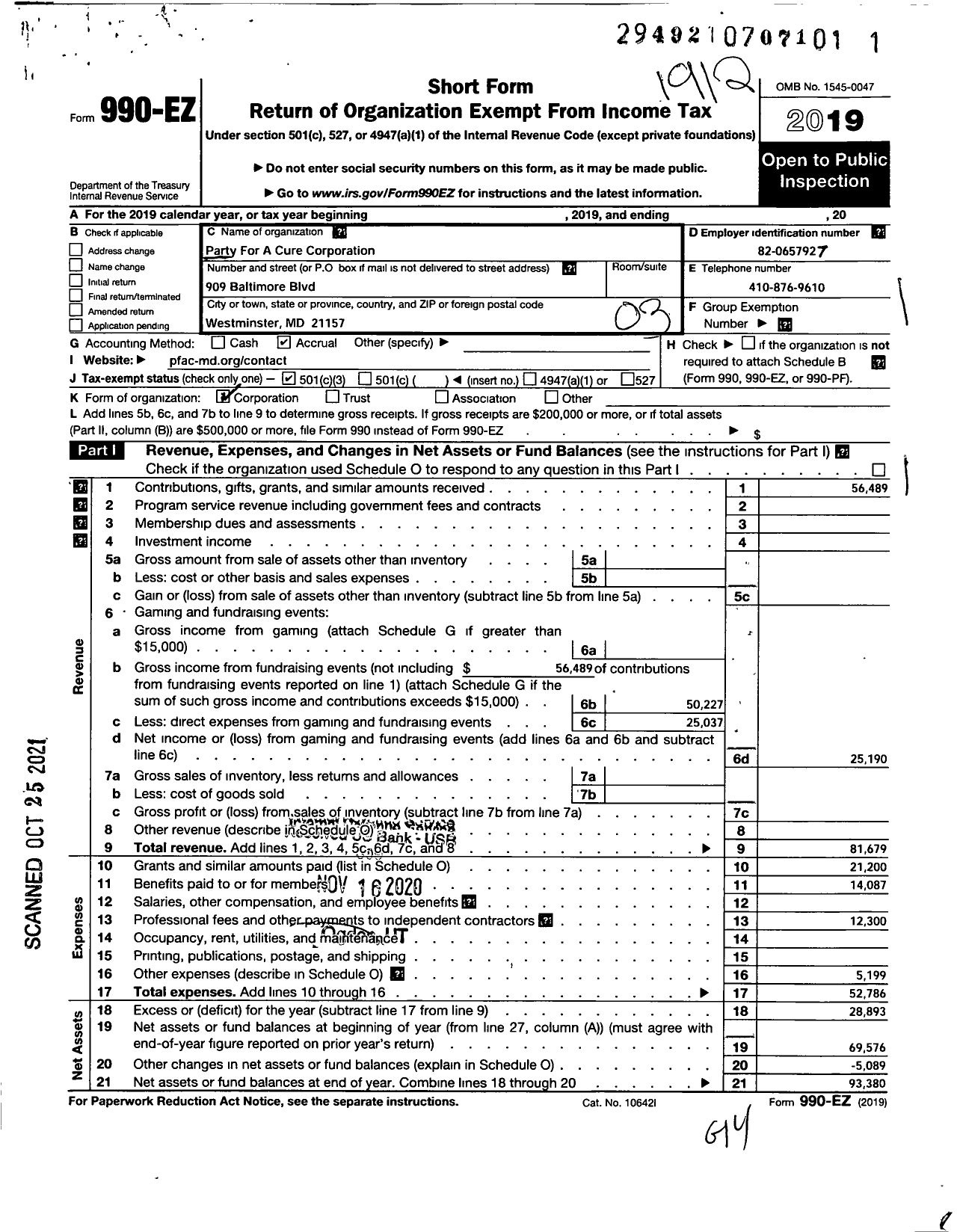 Image of first page of 2019 Form 990EZ for Party for A Cure Corporation