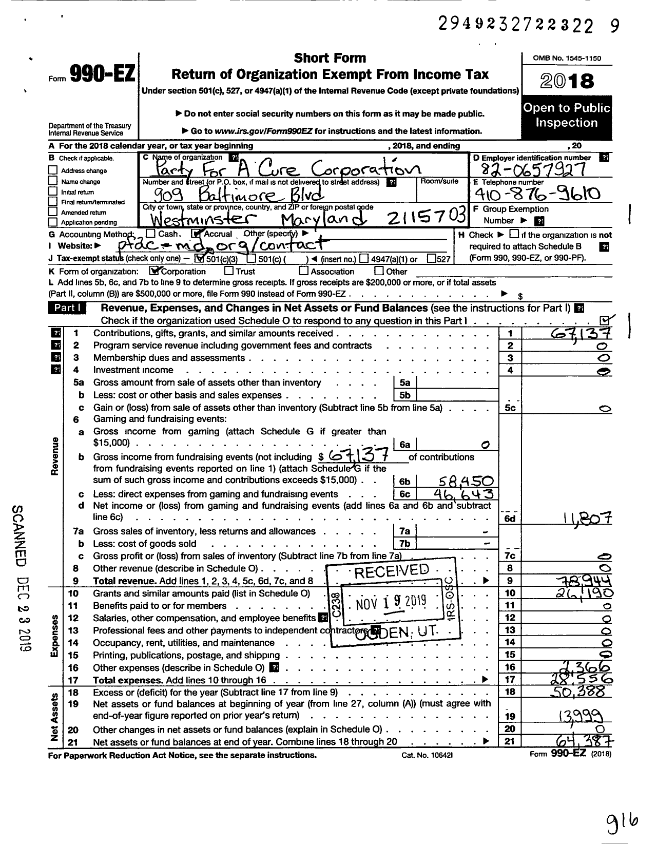 Image of first page of 2018 Form 990EZ for Party for A Cure Corporation