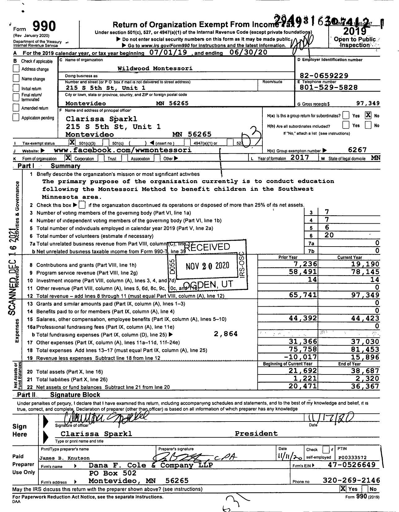 Image of first page of 2019 Form 990 for Wildwood Montessori