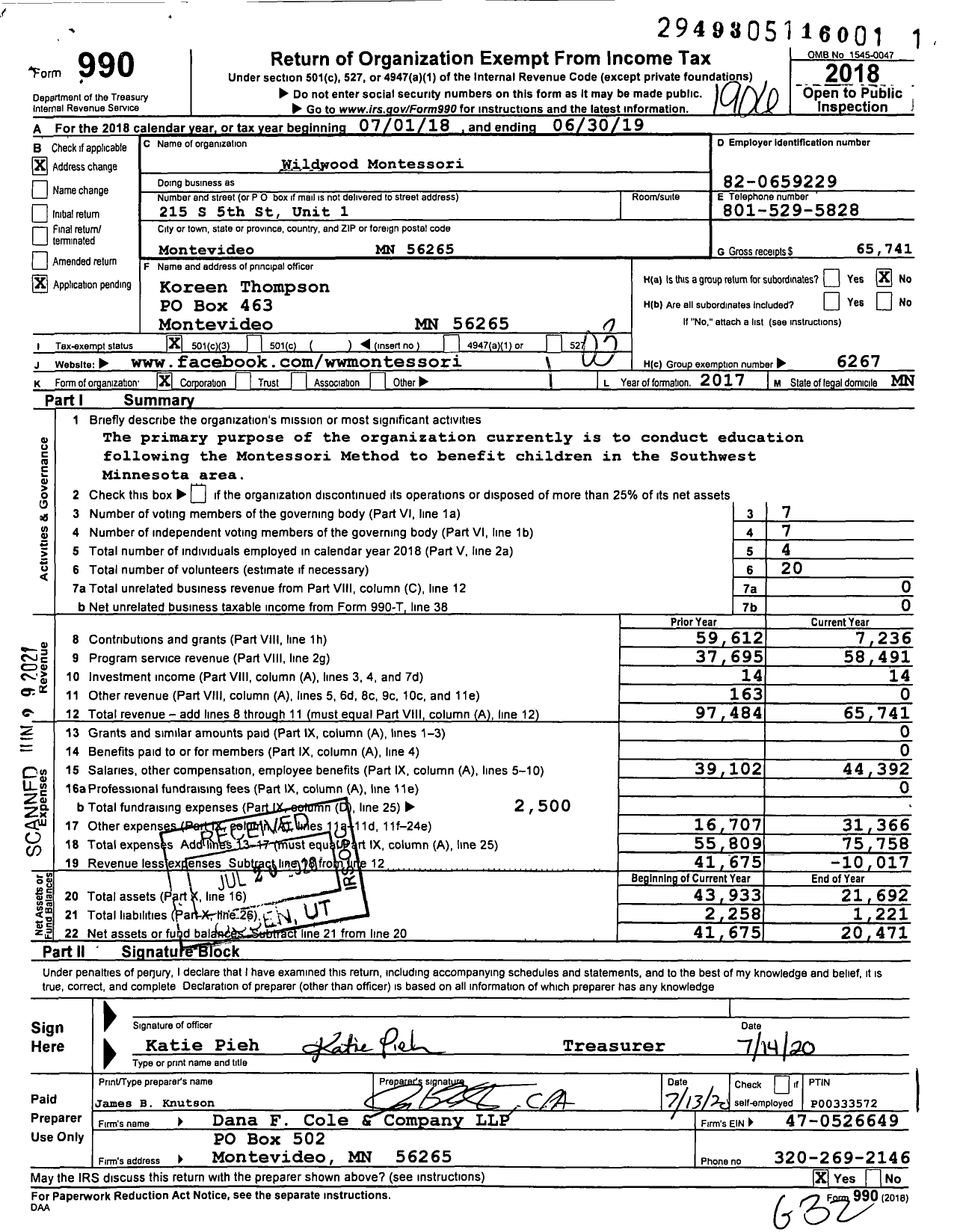 Image of first page of 2018 Form 990 for Wildwood Montessori