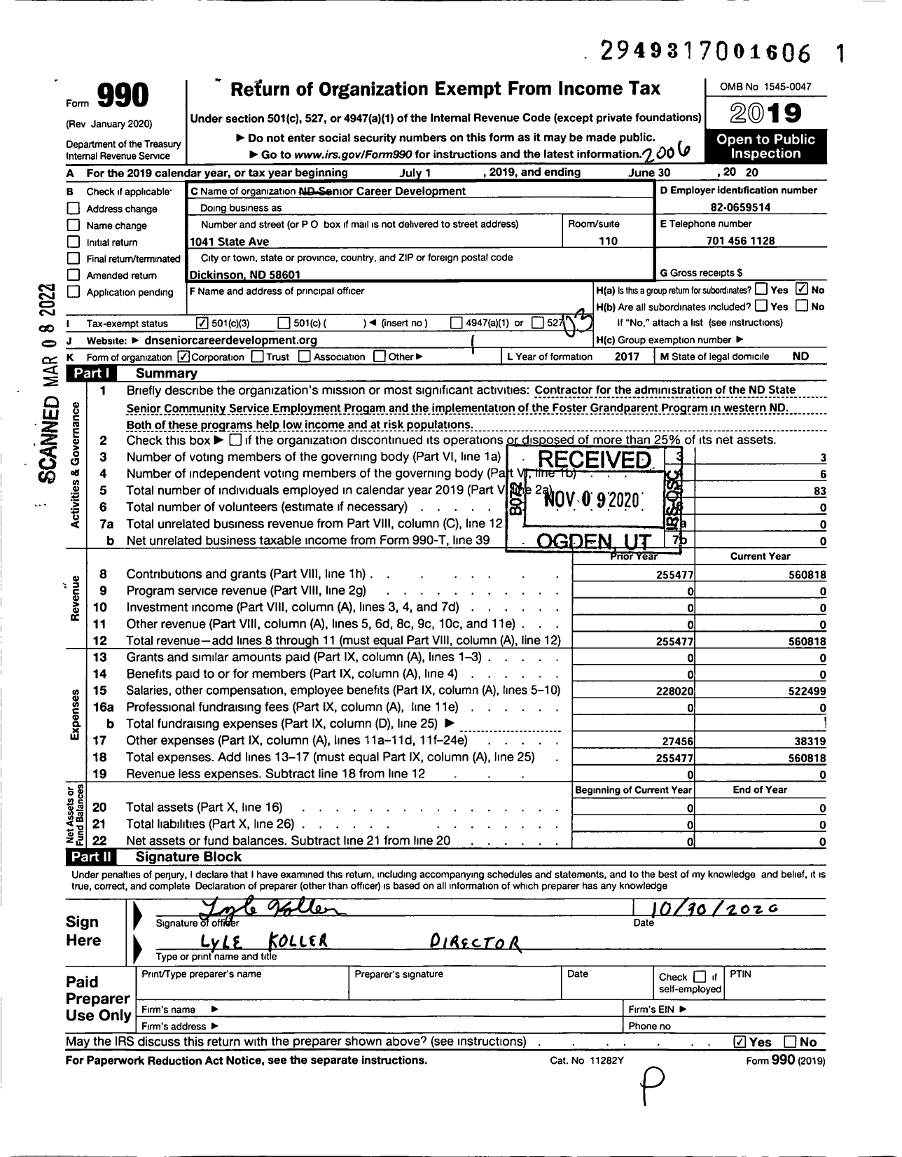 Image of first page of 2019 Form 990 for ND Senior Career Development