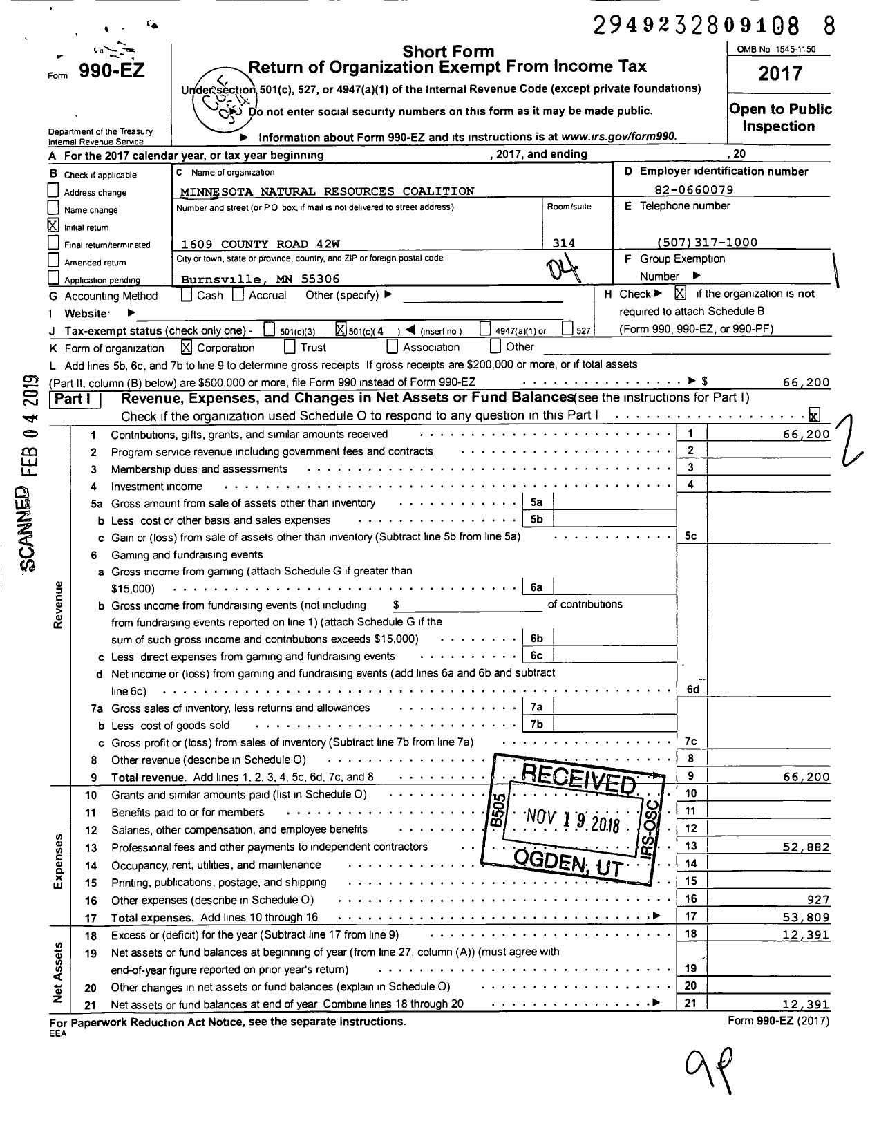 Image of first page of 2017 Form 990EO for Minnesota Natural Resources Coalition