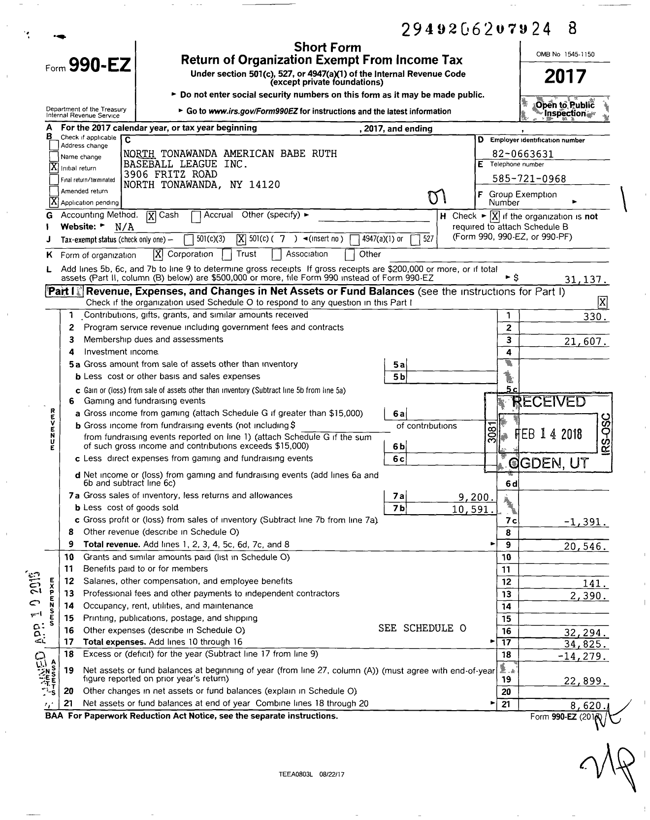 Image of first page of 2017 Form 990EO for North Tonawanda American Babe Ruth Baseball League