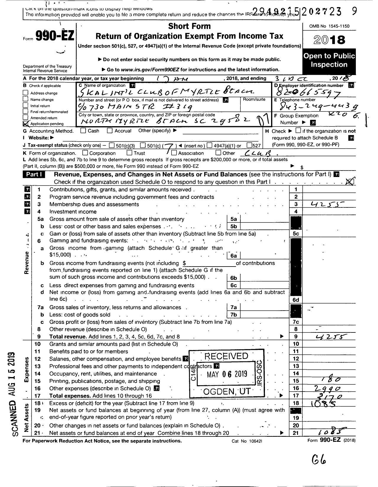 Image of first page of 2018 Form 990EO for Skal International Club of Myrtle Beach