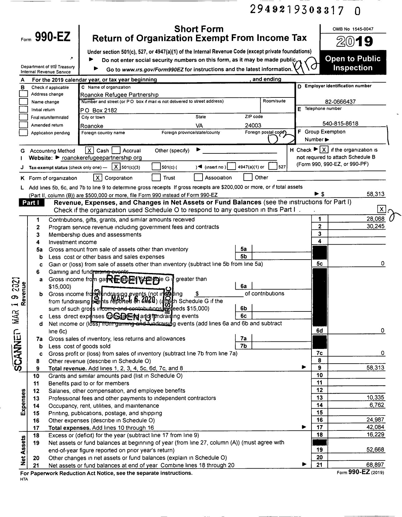 Image of first page of 2019 Form 990EZ for Roanoke Refugee Partnership