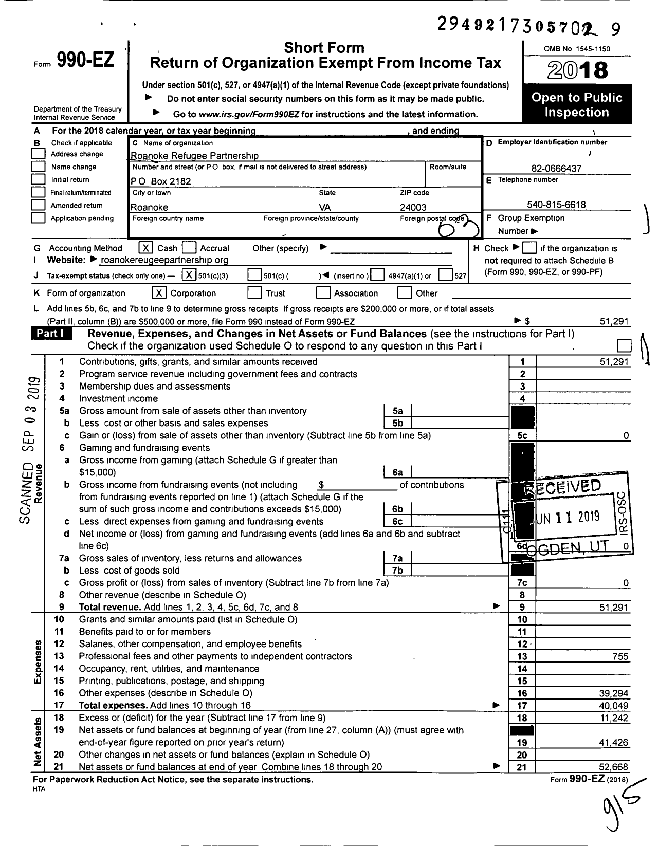 Image of first page of 2018 Form 990EZ for Roanoke Refugee Partnership