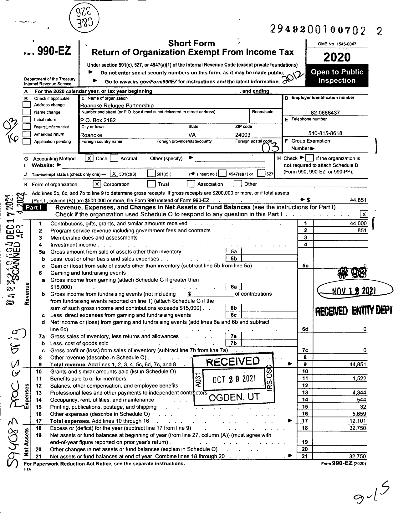 Image of first page of 2020 Form 990EZ for Roanoke Refugee Partnership
