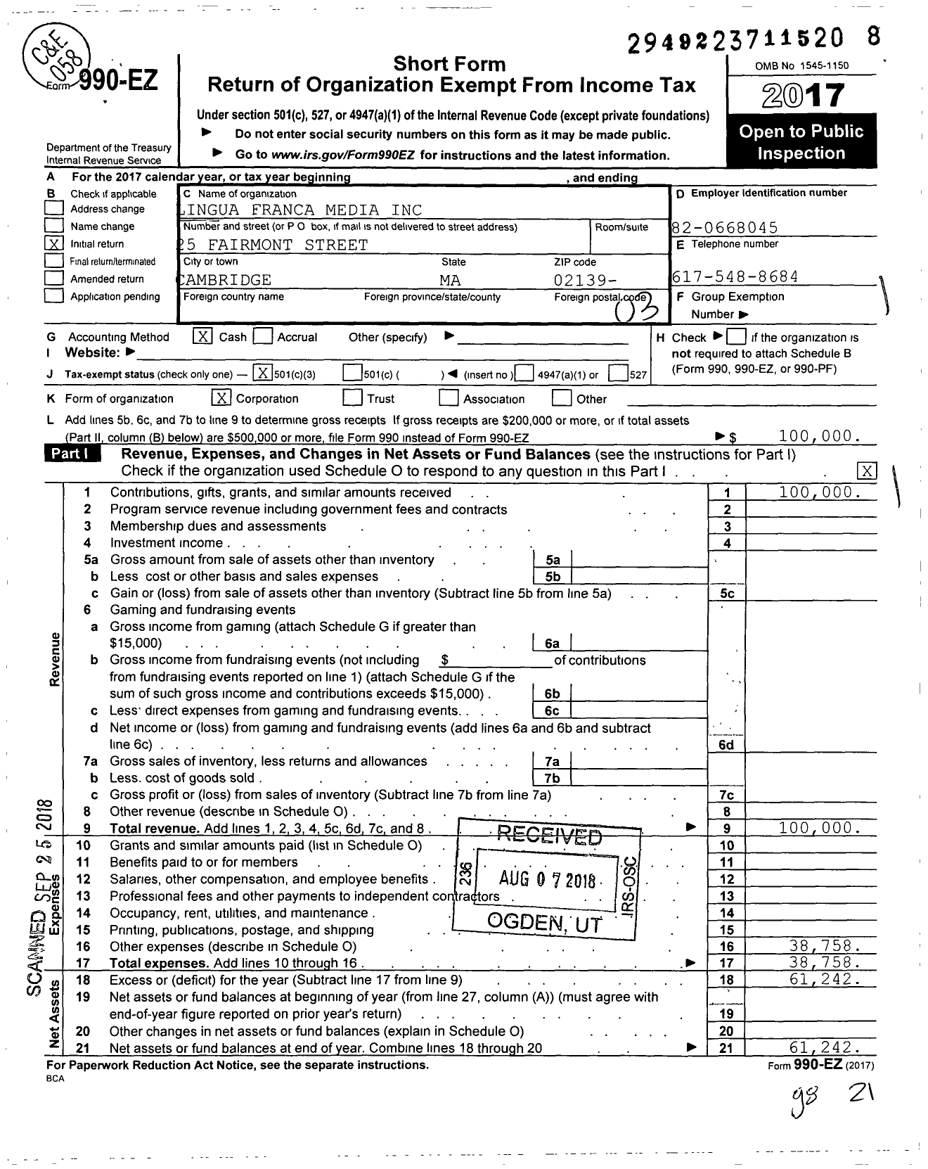 Image of first page of 2017 Form 990EZ for Lingua Franca Media