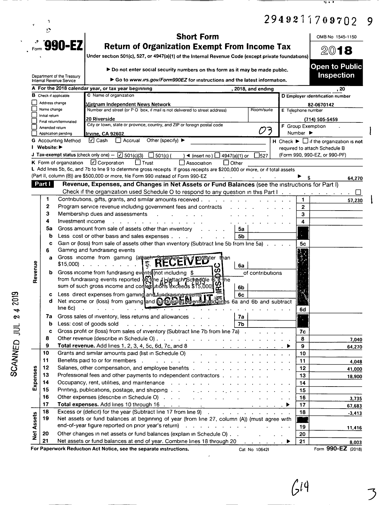 Image of first page of 2018 Form 990EZ for Vietnam Independent News Network