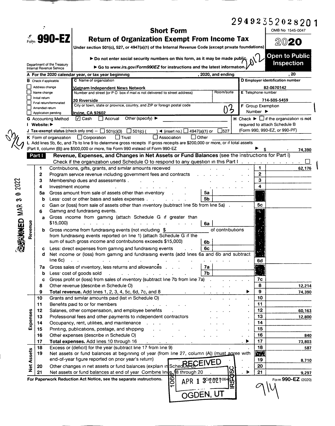 Image of first page of 2020 Form 990EZ for Vietnam Independent News Network