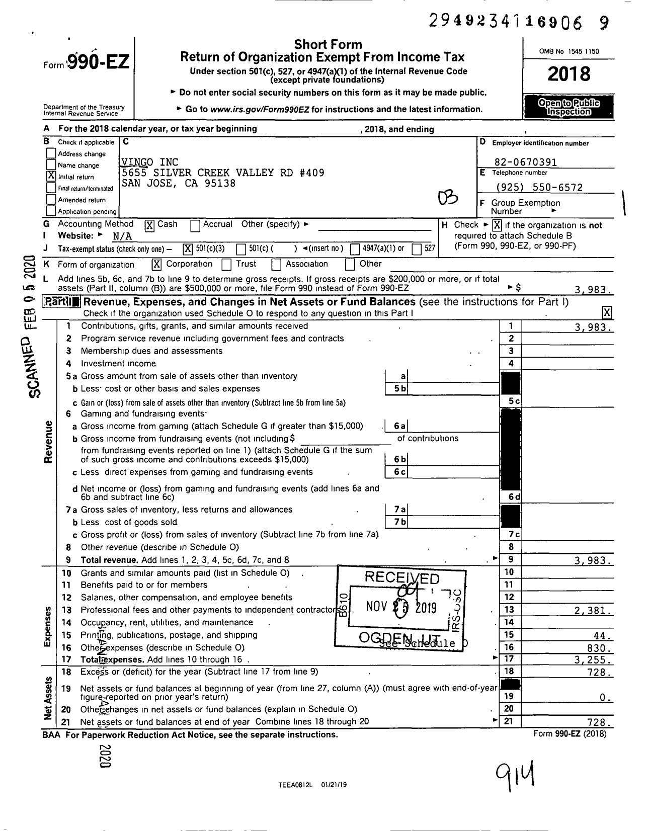 Image of first page of 2018 Form 990EZ for Vingo