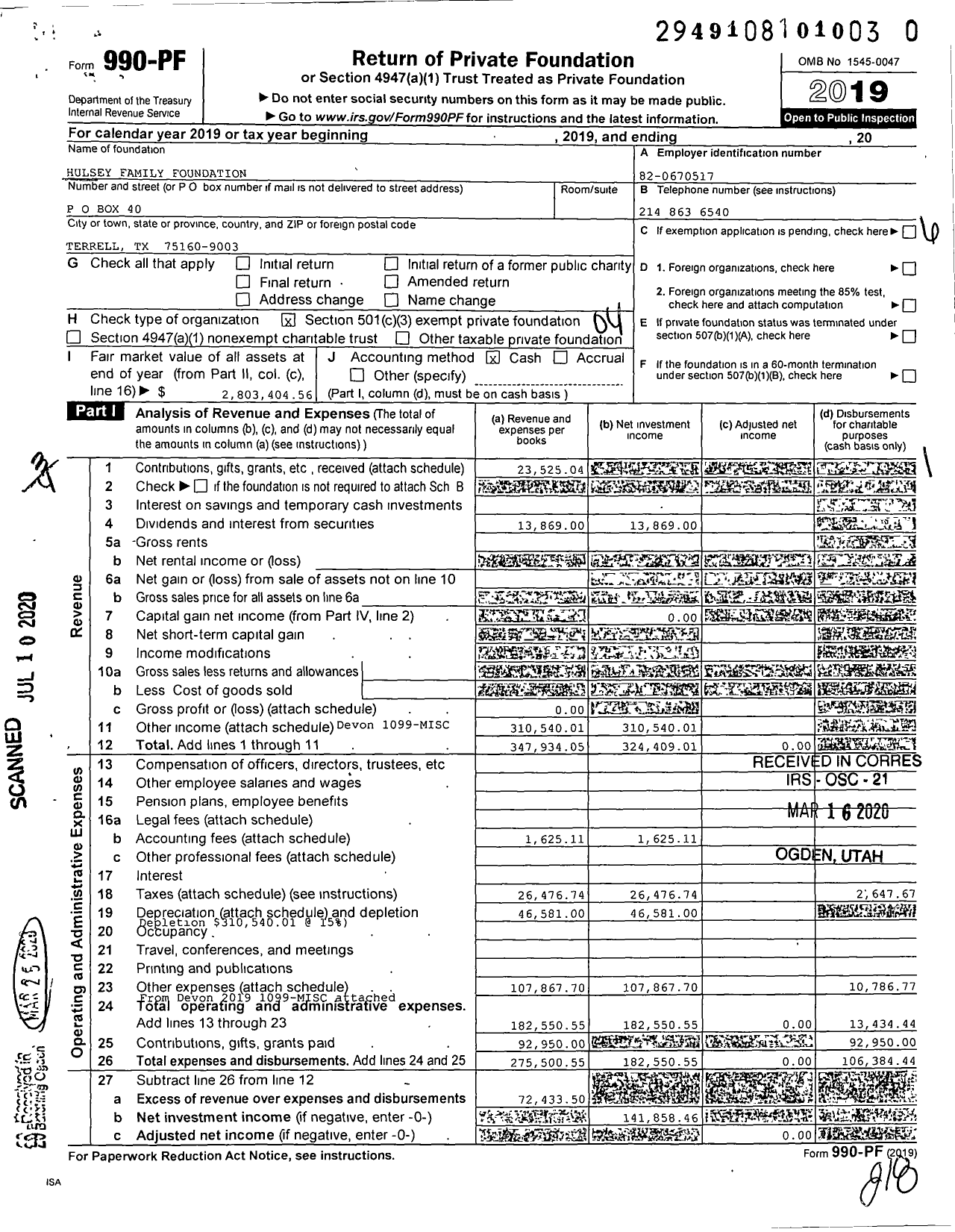 Image of first page of 2019 Form 990PR for Hulsey Family Foundation