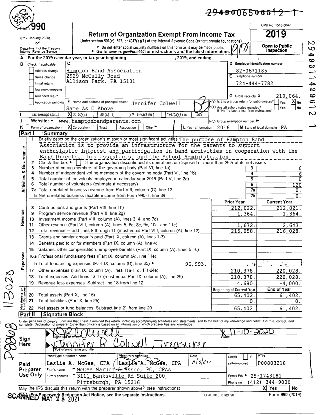 Image of first page of 2019 Form 990 for Hampton Band Association