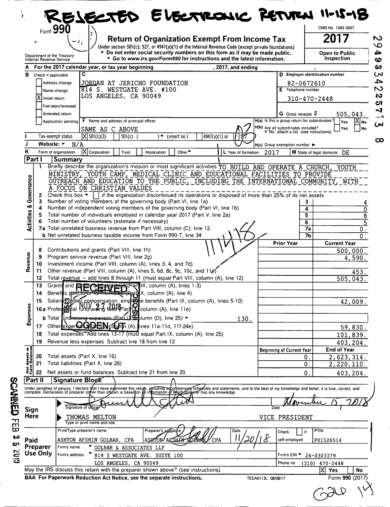 Image of first page of 2017 Form 990 for Jordan at Jericho Foundation