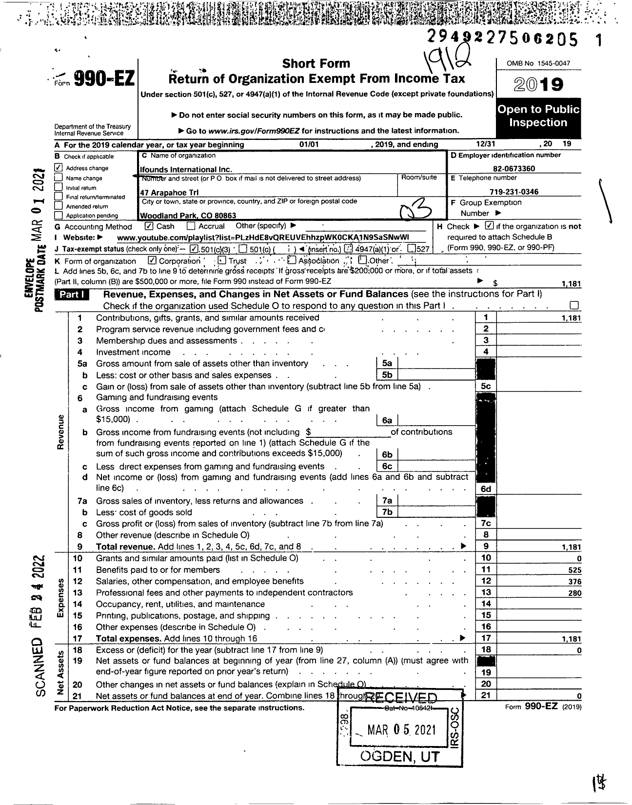 Image of first page of 2019 Form 990EZ for Ifounds International