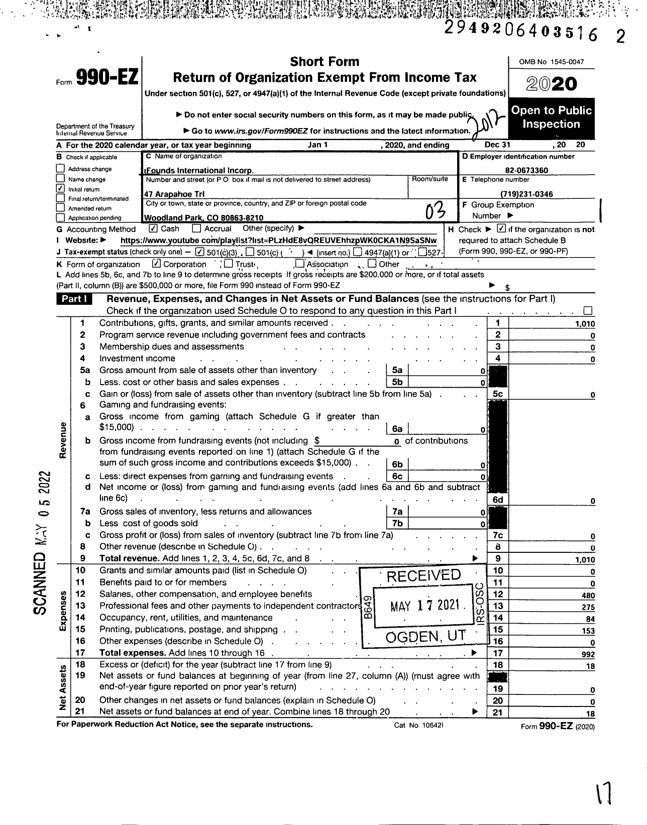 Image of first page of 2020 Form 990EZ for Ifounds International