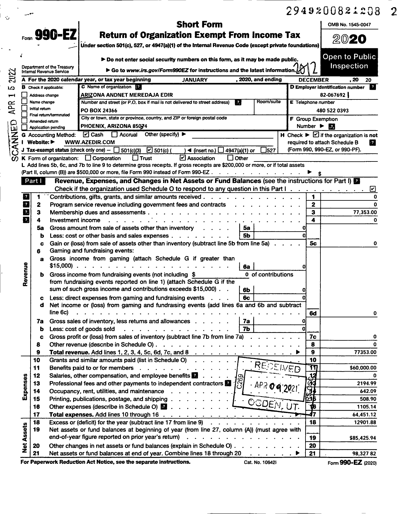 Image of first page of 2020 Form 990EO for Arizona Andnet Meredaja Edir wwwazedirorg