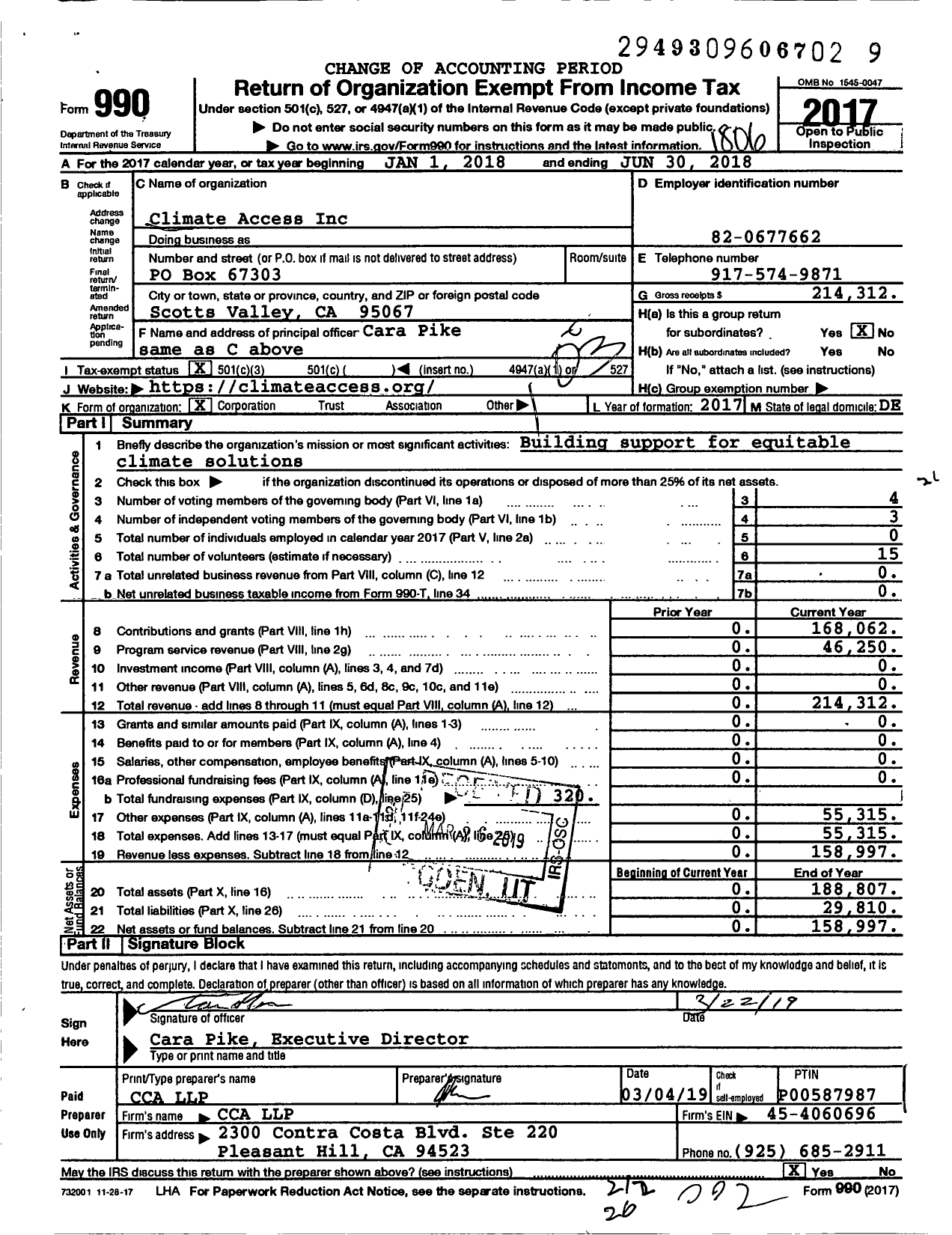 Image of first page of 2017 Form 990 for Climate Access