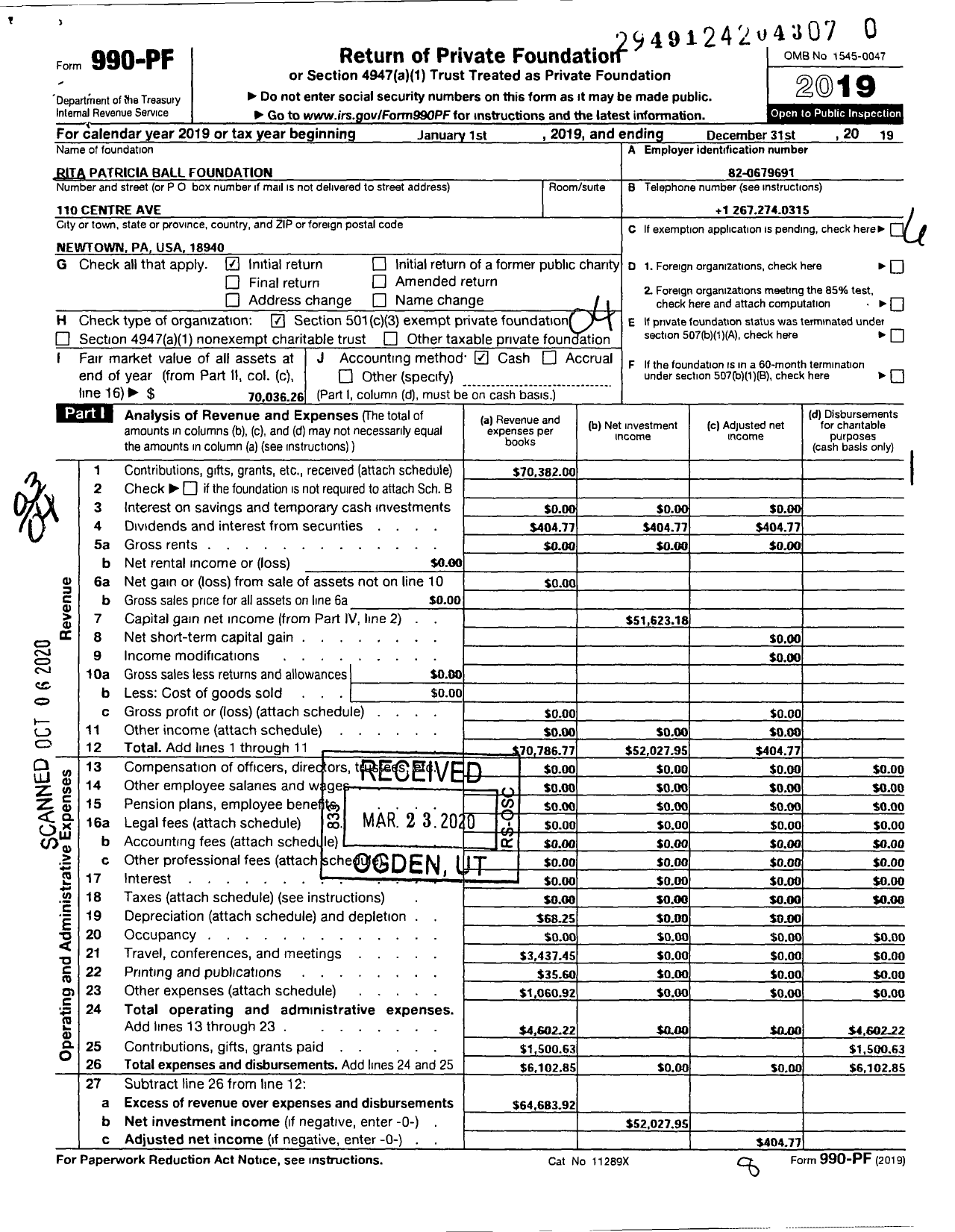 Image of first page of 2019 Form 990PR for Rita Patricia Ball Foundation