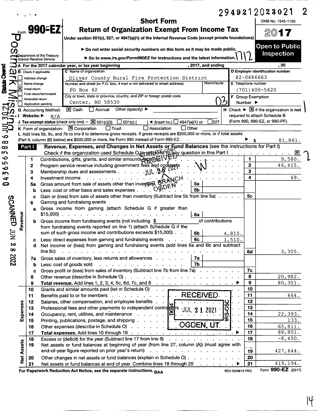 Image of first page of 2017 Form 990EZ for Oliver County Rural Fire Protection District